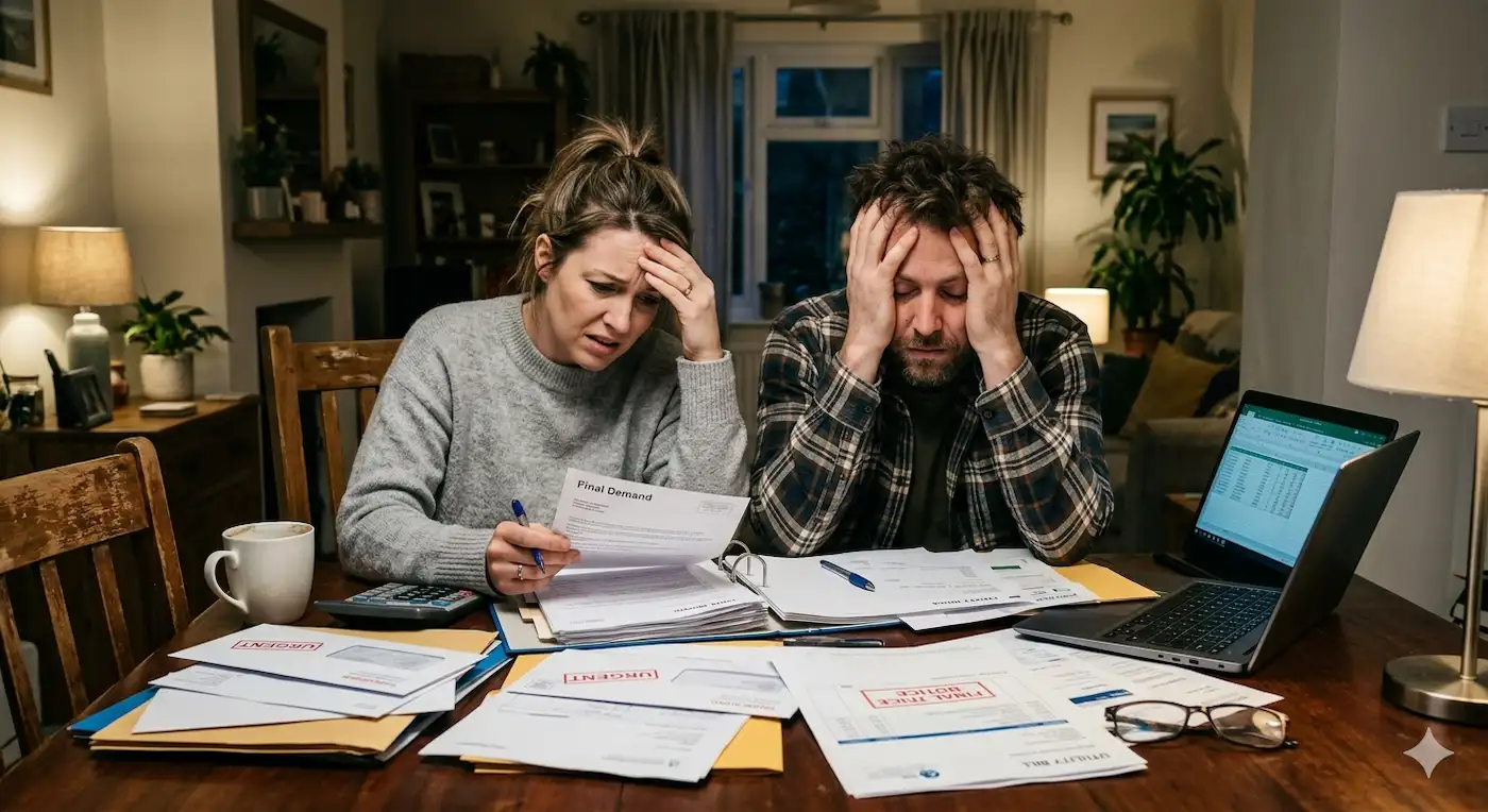 A stressed couple looking at a mountain of paperwork on a laptop trying to understand mortgage choices